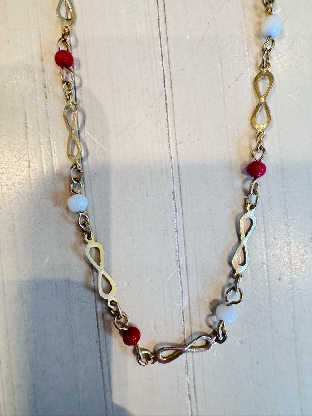 Vintage 20” Gold-Tone Station Chain Necklace Red & White Beads